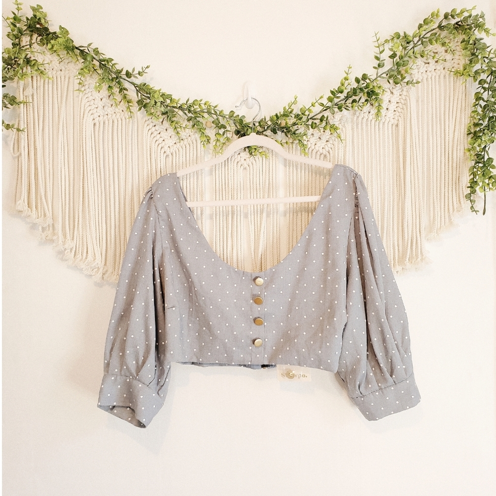 NEW SHOWPO Blue Polka Dot Crop Button Top sz 16